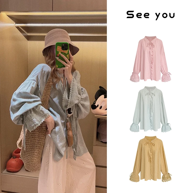 设计感度假风蕾丝边衬衫女夏韩系宽松显瘦透气V领上衣z554