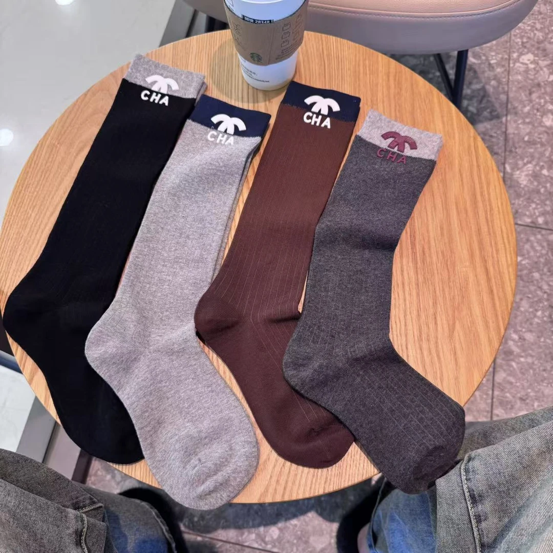 复古撞色秋季新款小腿袜子女百搭秋冬小腿袜高腰爆款网红色系简约