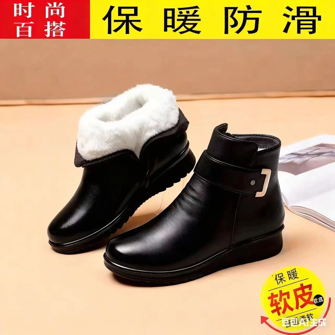 冬季妈妈棉鞋女加绒加厚保暖舒适中老年皮鞋老人棉靴平底防滑短靴