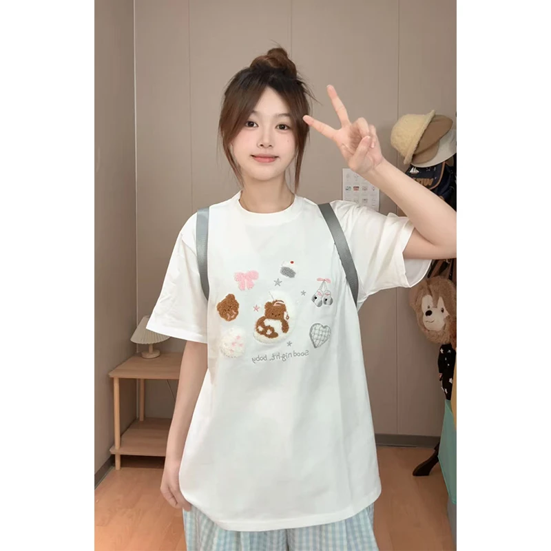 宽松短袖t恤女夏季可爱卡通刺绣百搭潮流休闲半袖上衣纯棉设计感