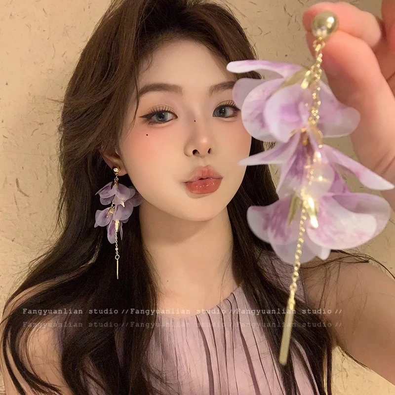 氛围感浪漫渐变紫色花瓣流苏耳环感气质耳钉女仙气度假风耳饰