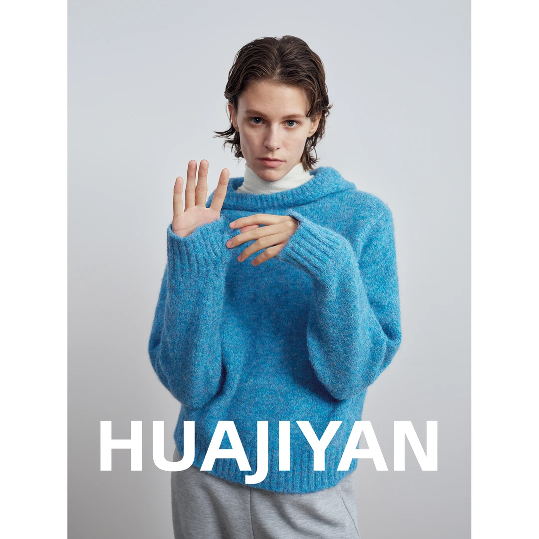 华吉言/HUAJIYAN【气泡水】羊毛混纺指套袖口连帽套头毛衣