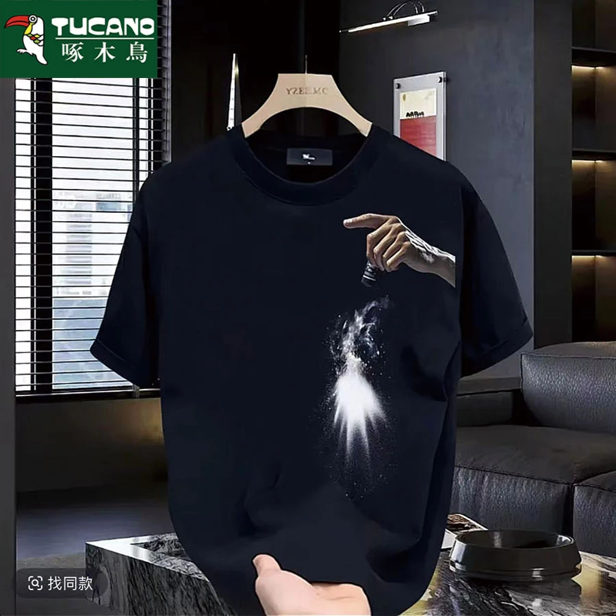 啄木鸟印花韩版圆领美式印花宽松纯棉T恤潮流ins黑色网红情侣短袖