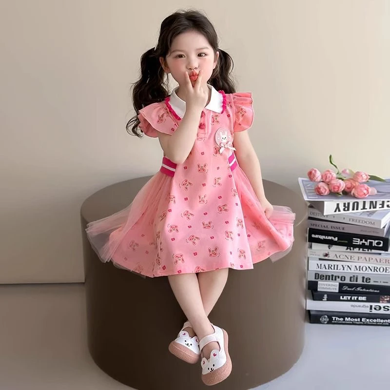 女童夏装连衣裙2025新款儿童洋气飞袖polo领裙子小女孩可爱公主裙