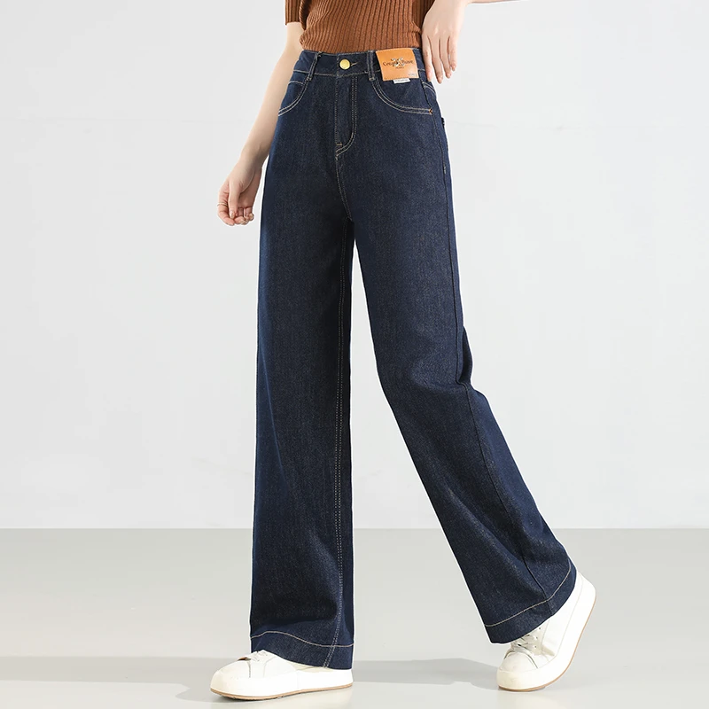 丹宁蓝阔腿牛仔裤女春季2025新款高腰显瘦小个子宽松深蓝色直筒裤