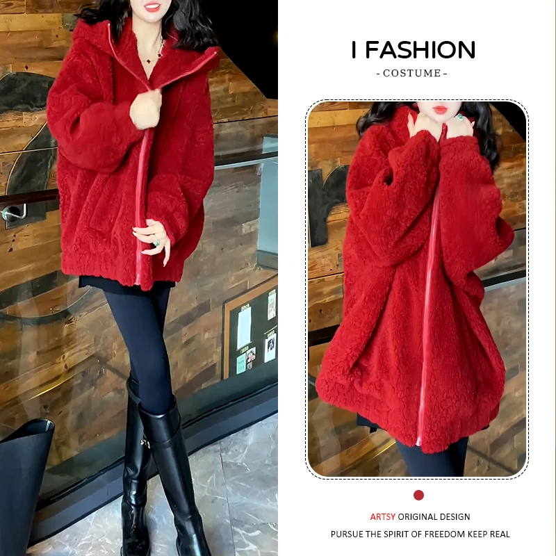 加绒加厚2025年冬季新款红色连帽拉链外套女宽松时尚百搭保暖棉服