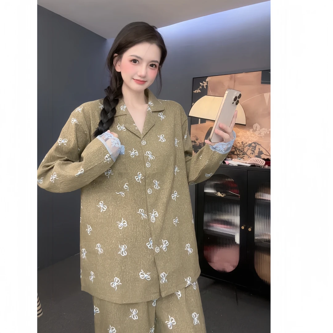 【蝴蝶结】设计云朵棉长袖家居服套装春秋季可外穿条纹睡衣女