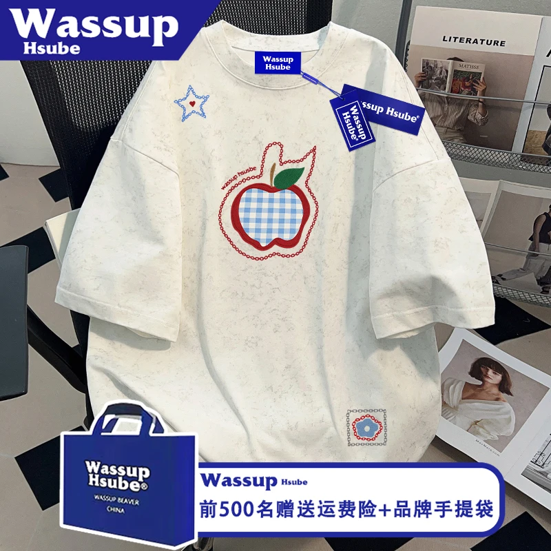 WASSUP HSUBE夏季白色蜡染纯棉半袖ins男女款T恤格纹苹果印花短袖