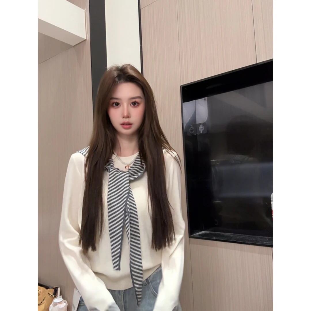 设计感撞色条纹披肩针织毛衣女2025秋季新款气质独特减龄宽松上衣