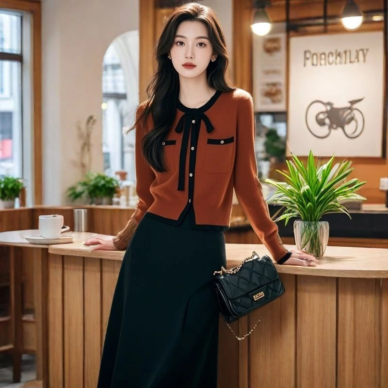 [工厂直销套装]秋冬款ins小香风撞色针织开衫垂感半身裙X150+Q179