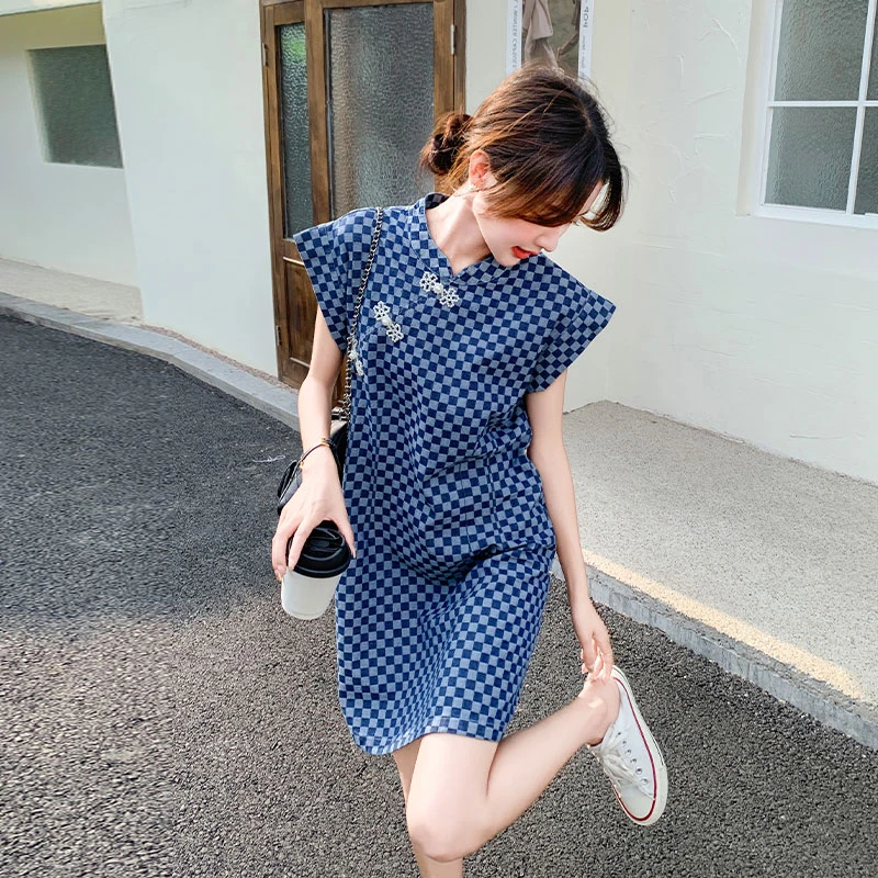 蓝色新中式棋盘格连衣裙女小个子2025夏新款国风复古设计感A字裙