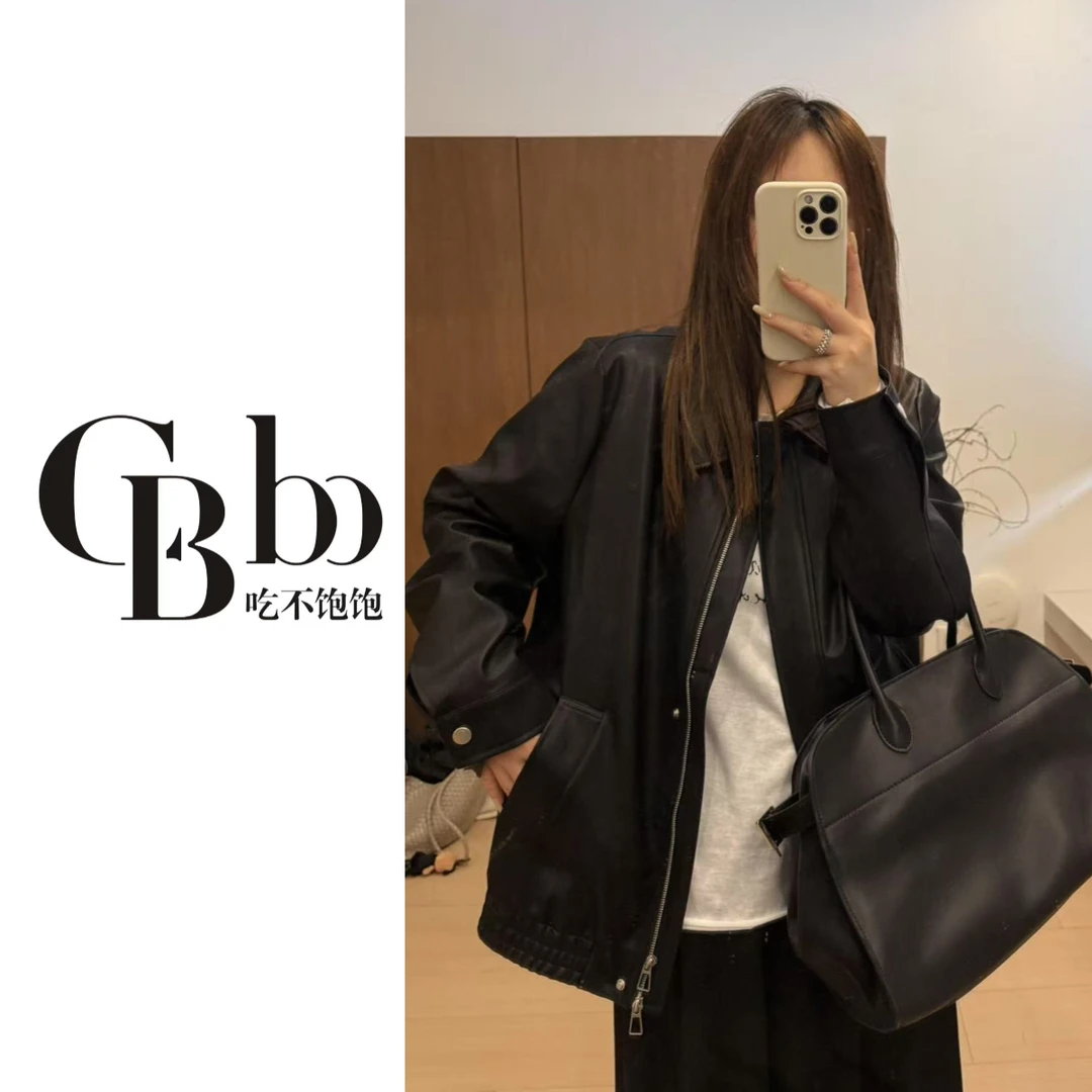【吃不饱饱】大码 港风复古高级感黑色皮衣外套翻领夹克2066