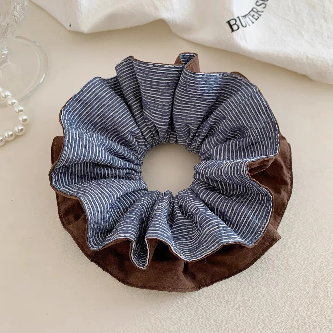 韩系蓝色条纹褶皱大肠发圈女慵懒风丸子头扎头发超大百搭发绳头绳