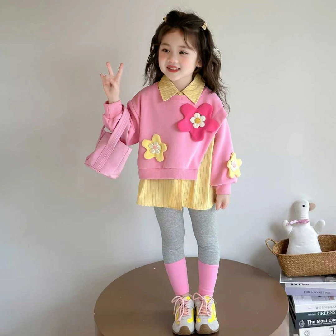 女童2025春装新款儿童可爱甜美风春秋花朵套装宝宝洋气时髦两件套