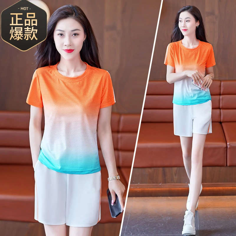 冰丝短裤跑步运动服套装女夏小个子薄款速干短袖休闲两件套