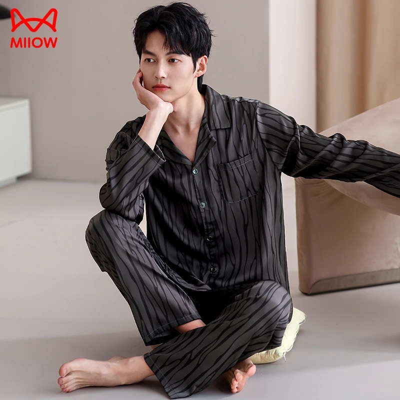 猫人睡衣男春秋款莫代尔男士薄款长袖开衫大码男款冰丝家居服套装