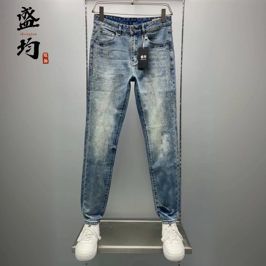 盛均烫钻牛仔裤男修身小直脚秋季2025新款弹力直筒欧货休闲百搭