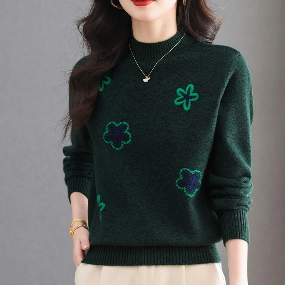 【亚聚甄选】25秋冬季新款时尚针织加厚女半高领小花打底毛针织衫