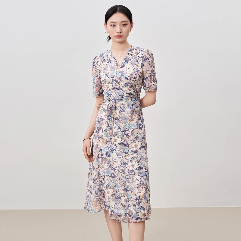 dunnu敦奴V领一片式印花连衣裙女茶歇裙8T250919