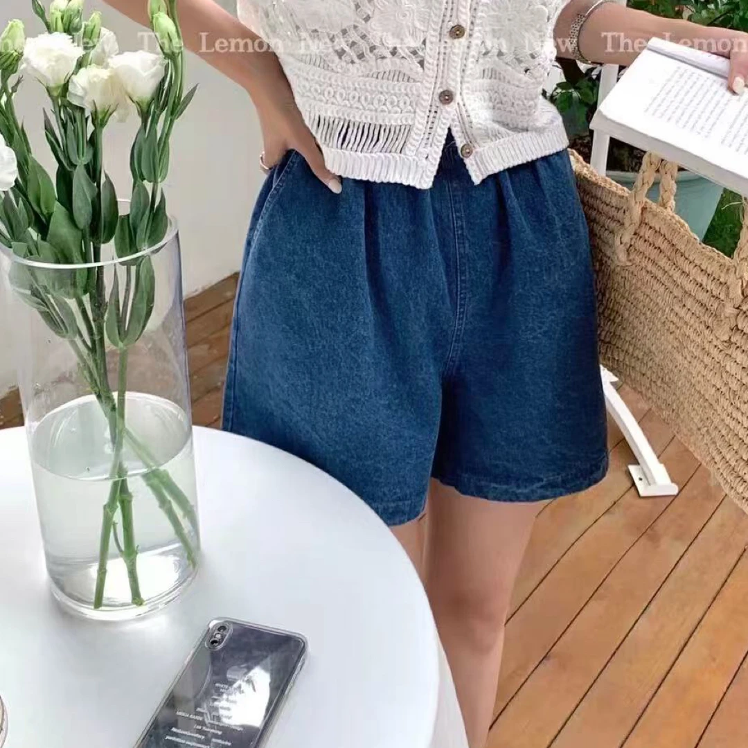 小思小个子 韩系百搭松紧高腰宽松时尚休闲蓝色牛仔短裤通勤适用