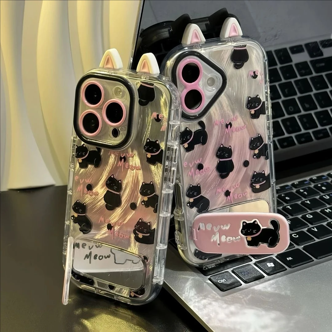 适用iPhone16/15promax晕染粉猫咪耳朵支架壳小米15/14新款华为pu