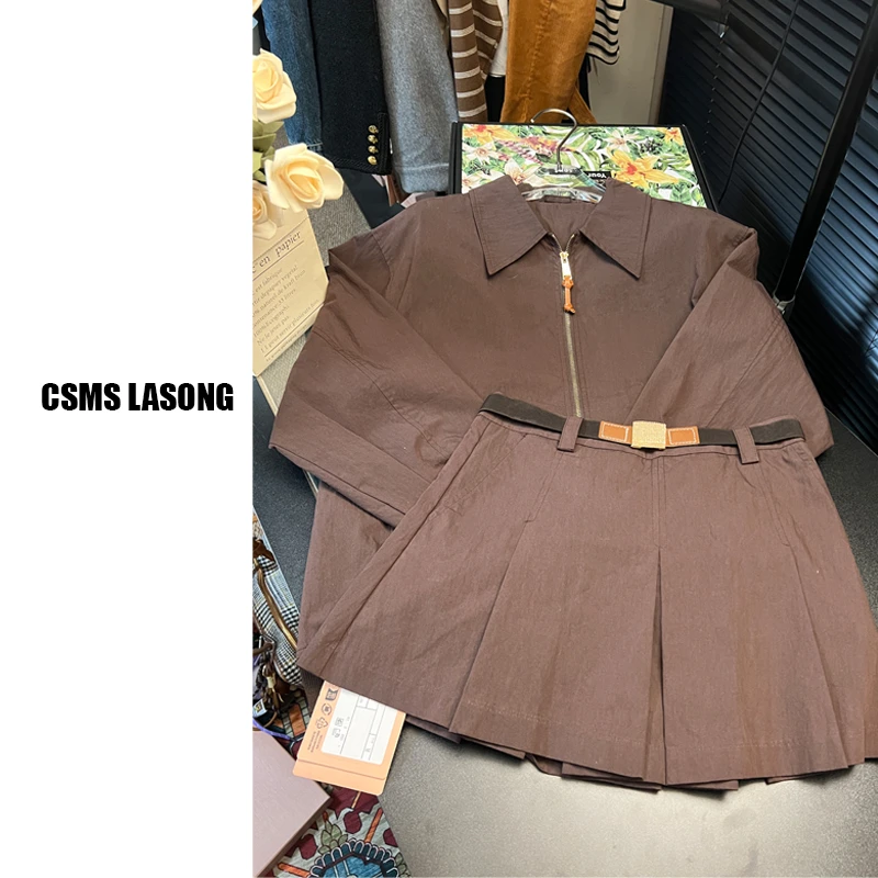 春秋新款时尚套装可可棕色高级感外套夹克+裙子带腰带