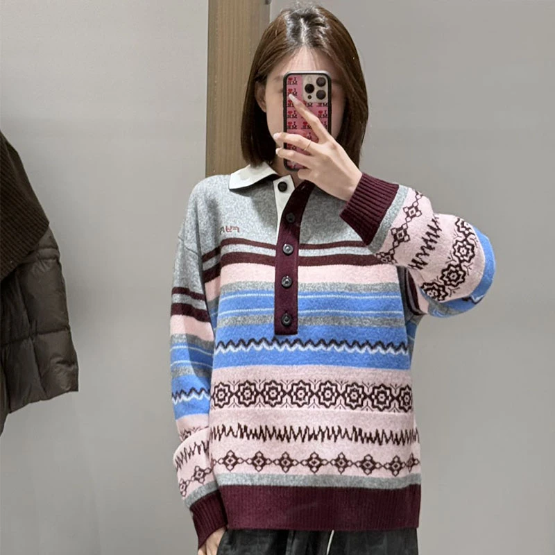 【现货】FIZZFLY | 25冬季设计师品牌新款复古条纹撞色翻领针织衫