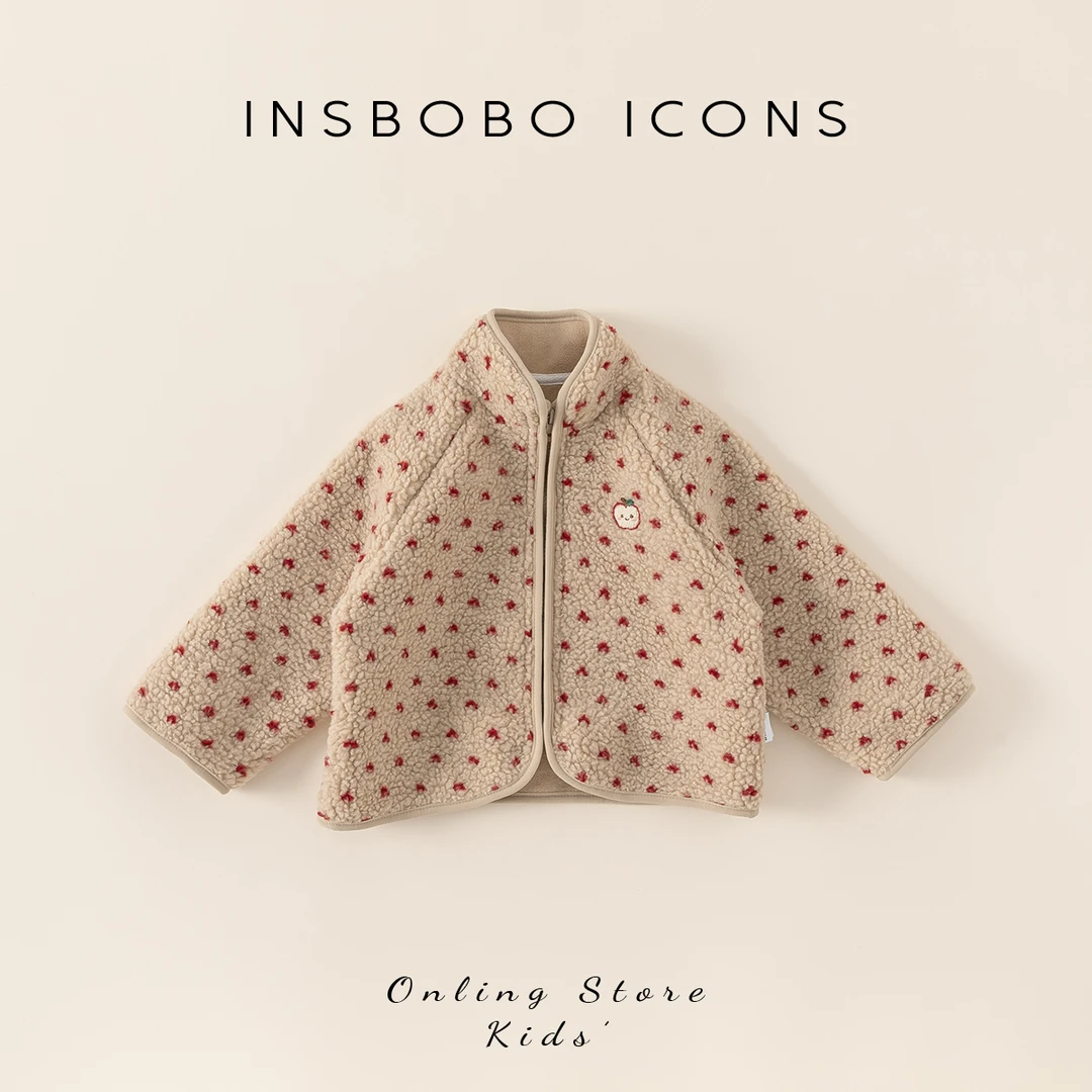 INSbobo儿童毛毛外套秋冬保暖洋气立领可爱胸前刺绣毛毛衣DY25105