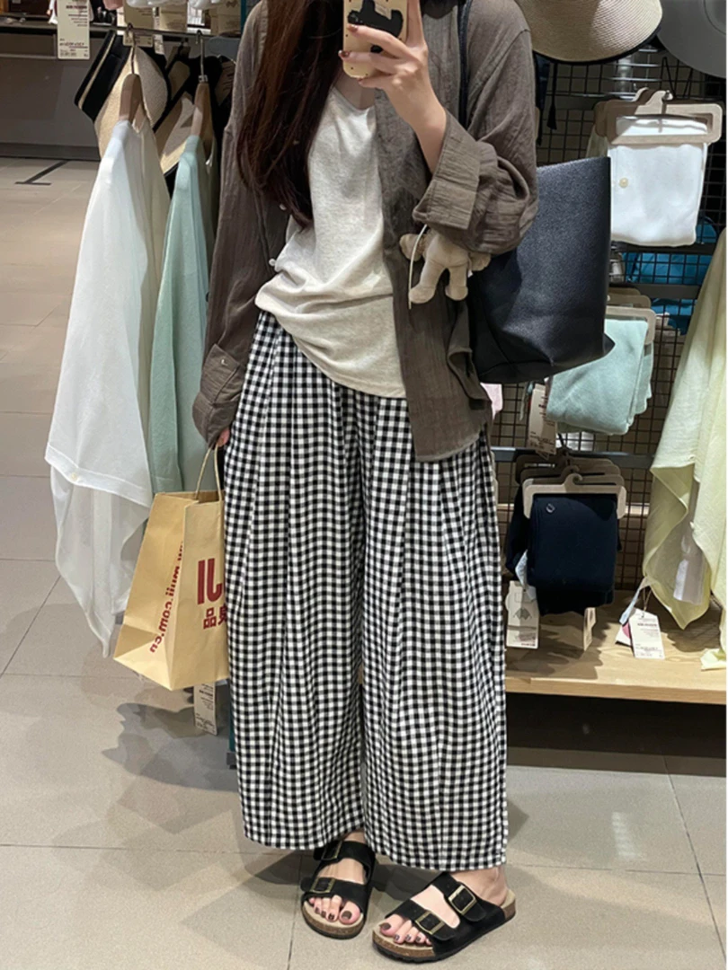 新款高腰显瘦格子休闲棉麻小个子九分奶奶裤