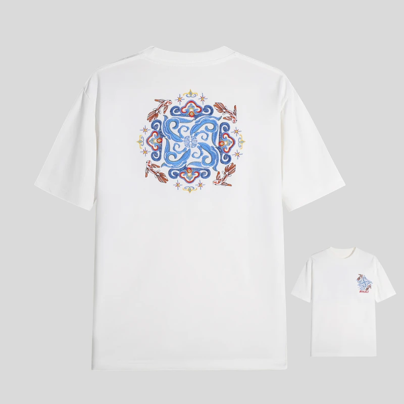 331国潮青花瓷锦鲤刺绣短袖T恤男装宽松休闲中国风文化衫潮流