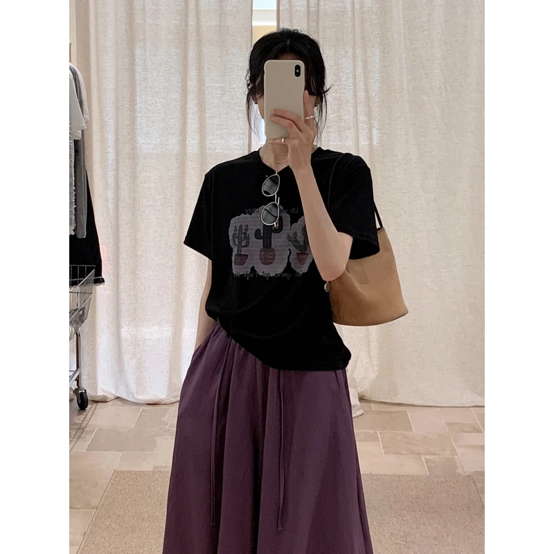 YNVN韩系印花短袖t恤女夏季2025新款宽松休闲设计感正肩上衣