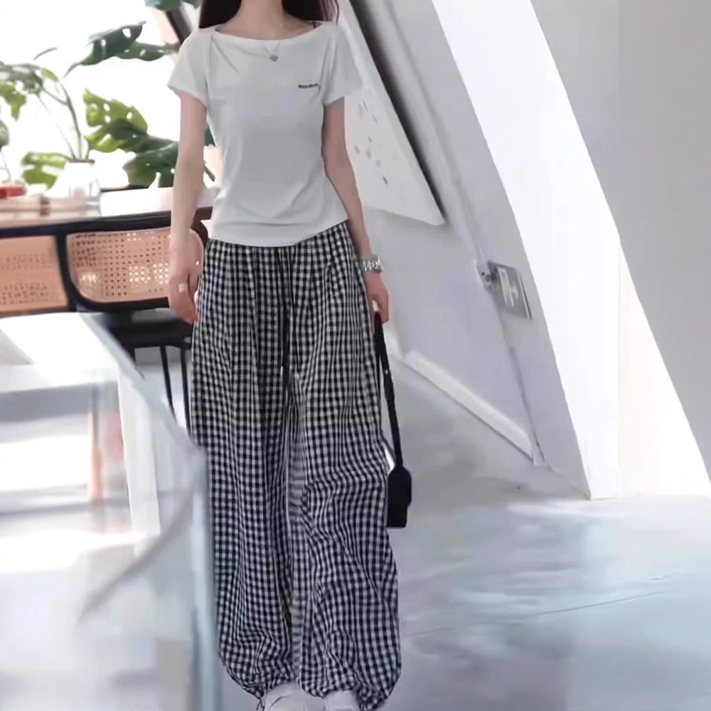 欧货黑白格垂感两穿束脚阔腿裤女2025夏季薄款高腰宽松显瘦休闲裤