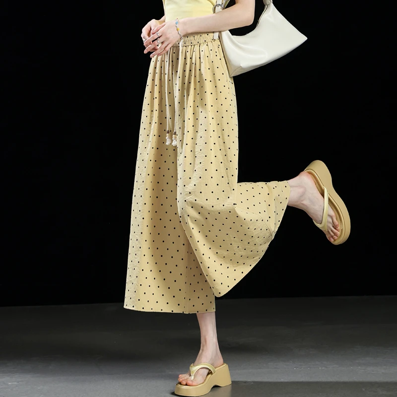 多巴胺黄色波点阔腿裤女夏薄款八分裤高腰宽松休闲裤女直筒沙滩裤