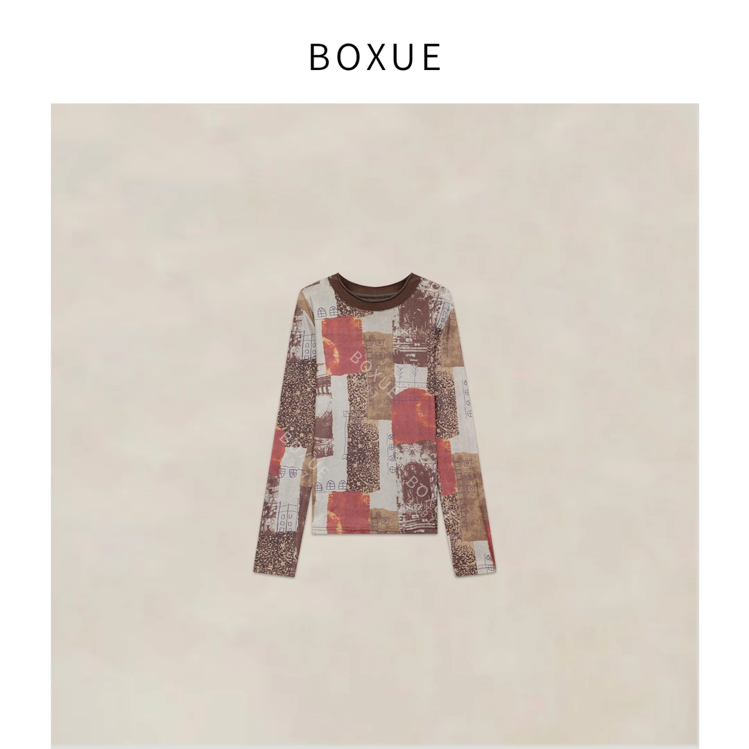 BOXUE“纸间”2025秋冬高级感拼图设计感轻奢 T恤#250901T4363