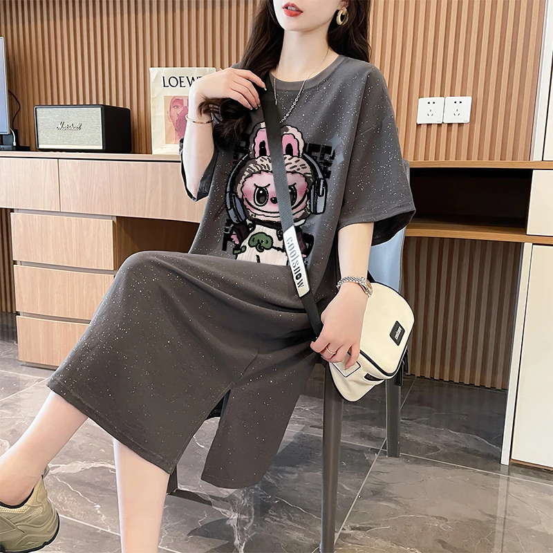 宽松oversize满天星短袖T恤裙女夏季爆款韩版过斜开叉设计连衣裙