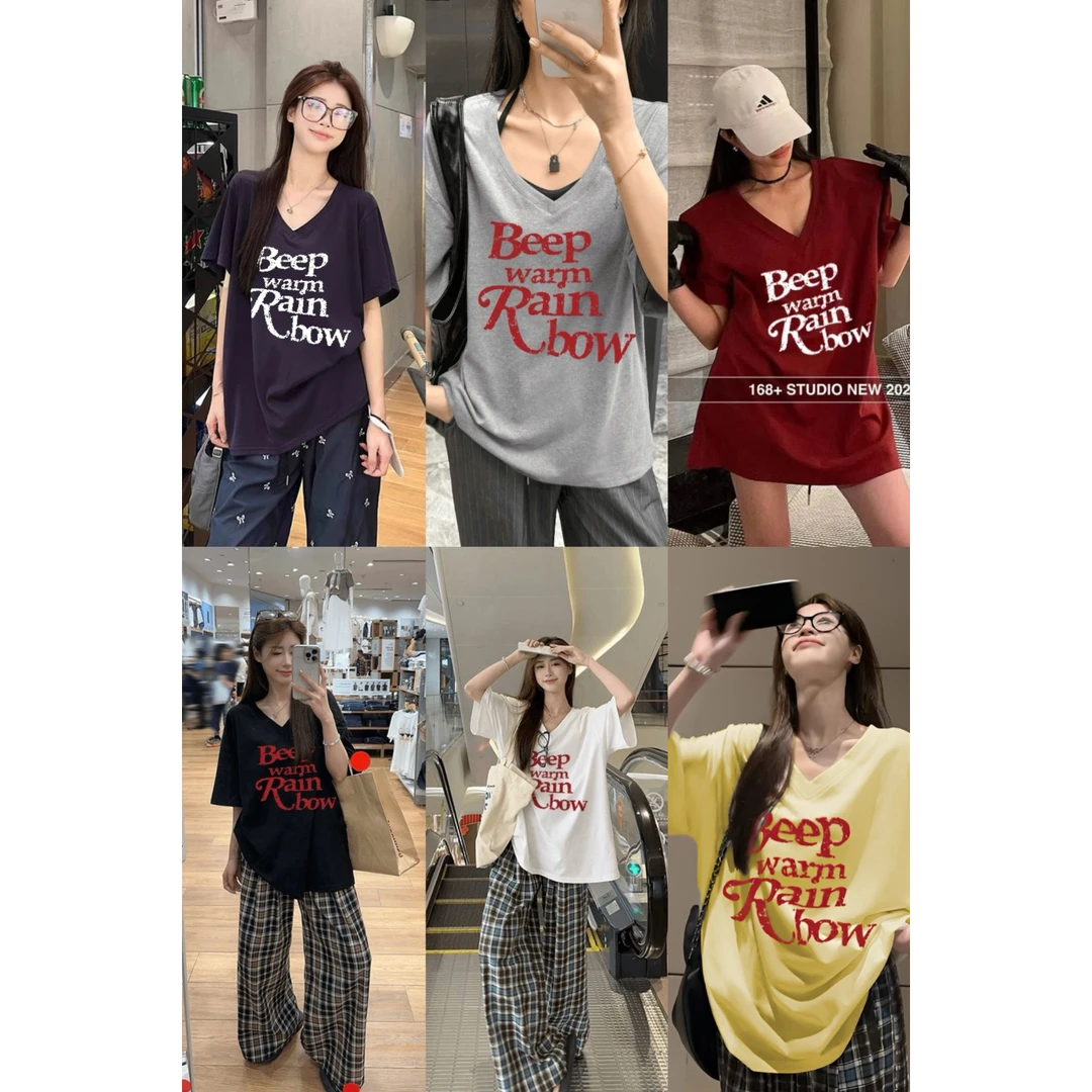 慵懒风宽松V领短袖T恤女夏季印花小众设计感百搭遮肉显瘦潮流上衣