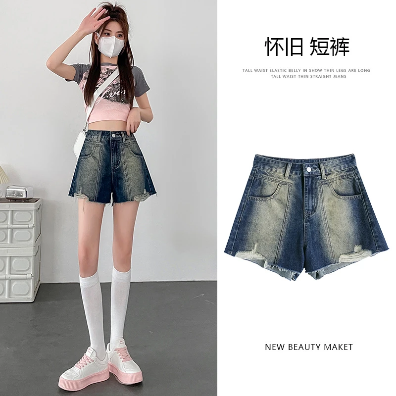 8300#复古蓝色牛仔短裤女2025夏季新款薄款高腰显瘦辣妹阔腿短裤