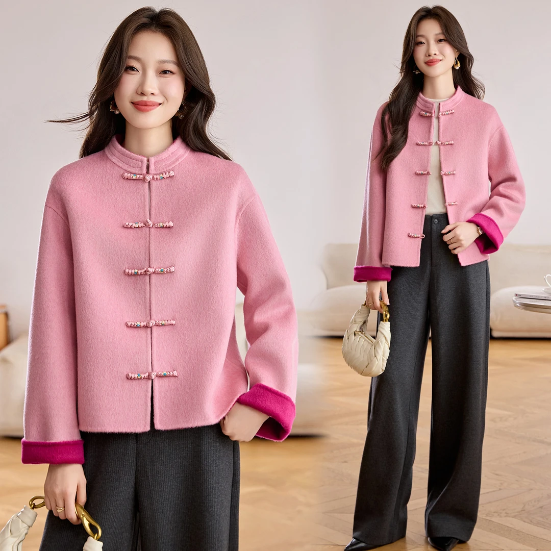 高级感新中式盘扣毛呢外套女2025秋冬新款减龄显瘦双面羊毛大衣潮