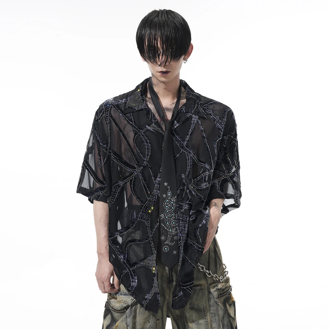【蛇年限定面料】轻薄半透明蛇纹短袖衬衫男夏季古巴领烫钻衬衣潮