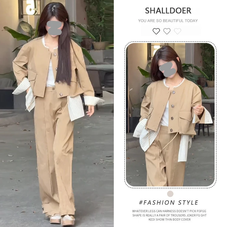 韩版休闲时尚套装女2025春秋新款假两件夹克衬衫外套阔腿裤两件套