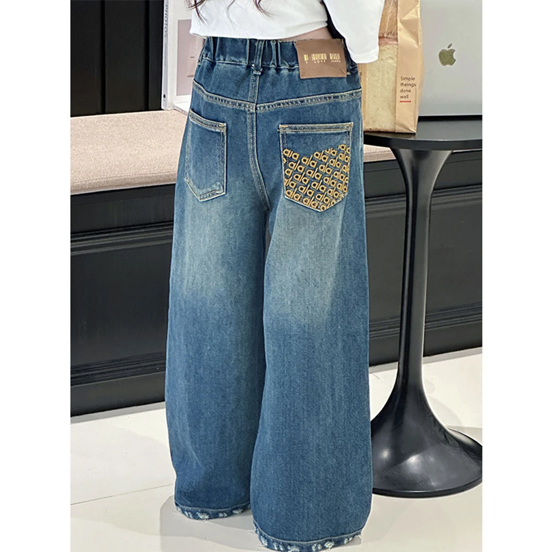 K29443孙小美做旧女童阔腿裤新款秋装儿童牛仔裤子春秋休闲裤