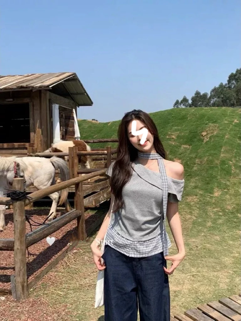 【慧雯儿微胖定制】夏季微胖不规则短袖格子T恤上衣女