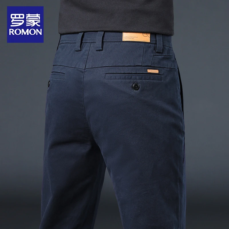 罗蒙藏蓝色男士休闲裤秋冬季直筒修身免烫抗皱商务西裤弹力长裤子