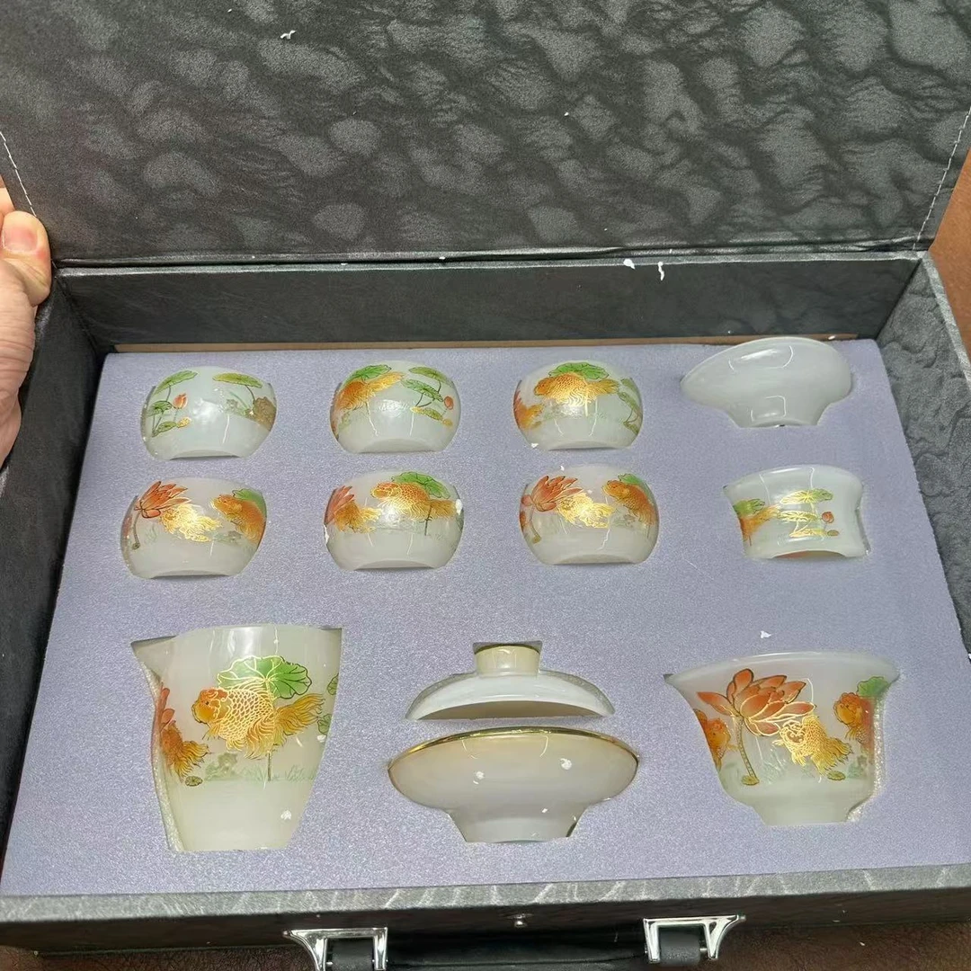 【闪购链接】古法琉璃金鱼琉璃茶具整套礼盒