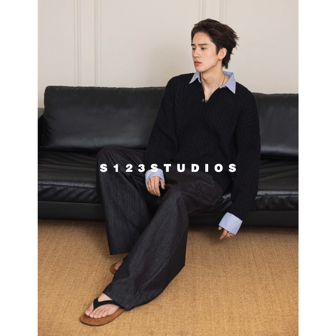 聪明陈S123 绞花条纹撞色拼接假两件长袖针织衫情侣毛衣