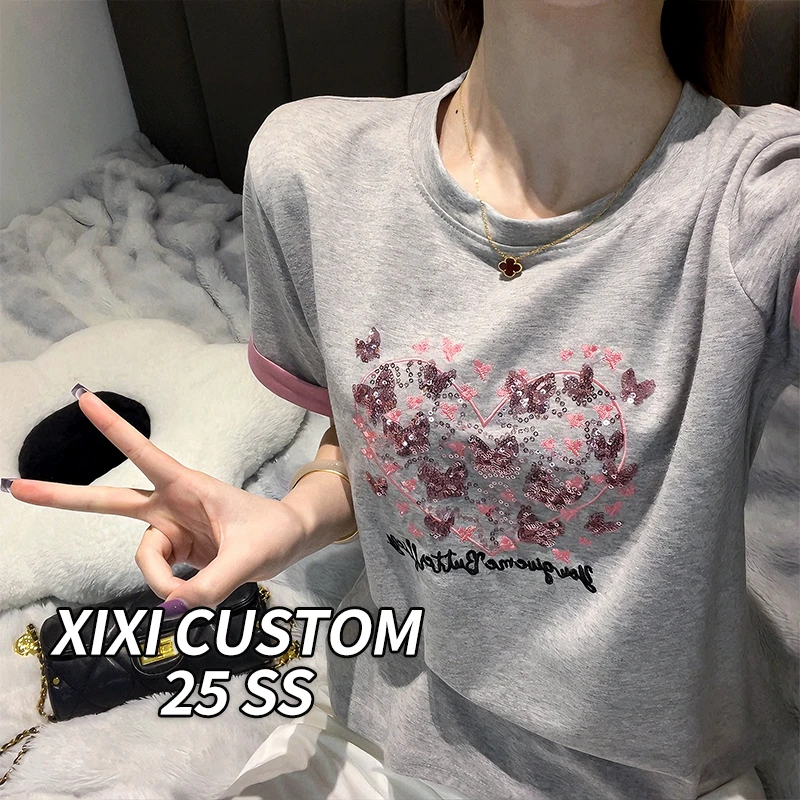 Moses Queen/魔西女王爱心字母蝴蝶亮片撞色气质减龄宽松短袖T恤