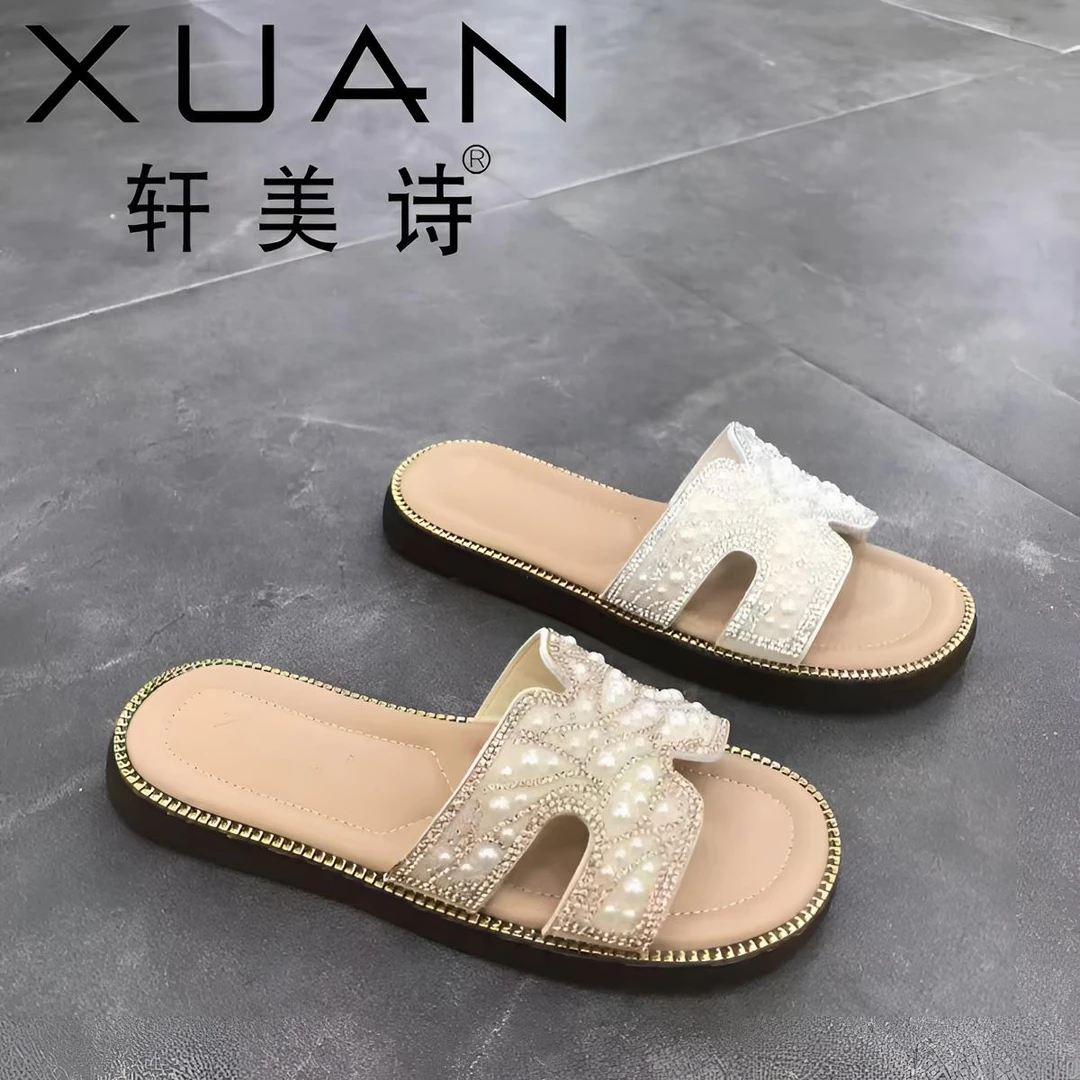 轩美诗2025夏季新款时尚外穿平底百搭简约水钻爆款凉拖鞋30149女