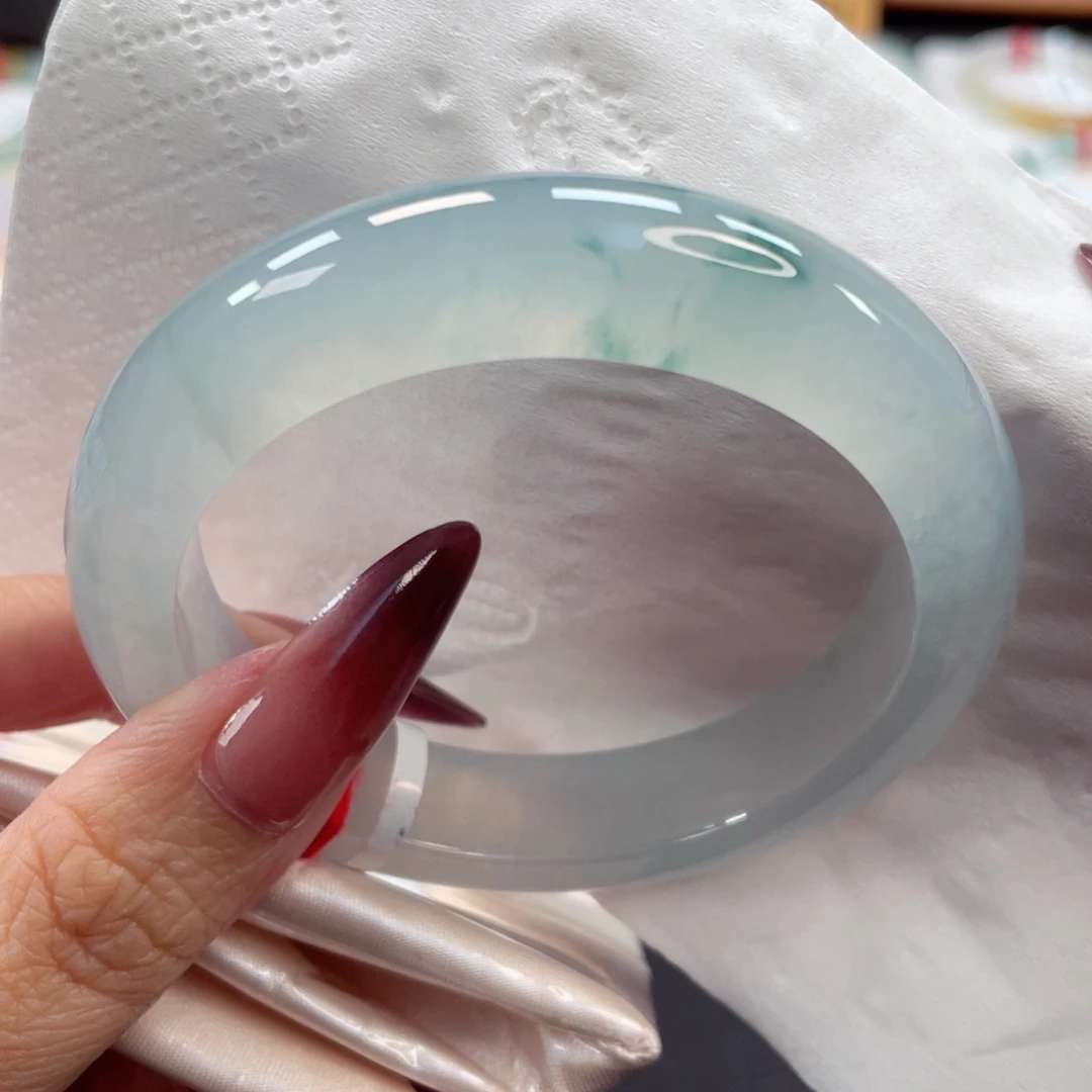 未镶嵌手镯翡翠42号56.8厚装正冰晴蓝飘兰花大漏必拍