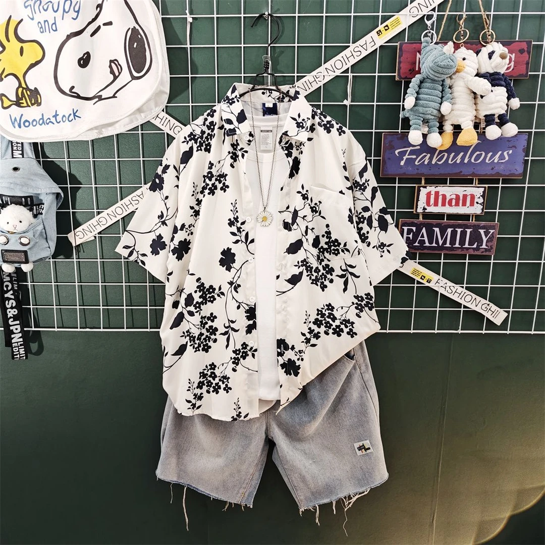 度假沙滩风短袖衬衫夏季套装男高级感潮流一套穿搭牛仔短裤痞帅气