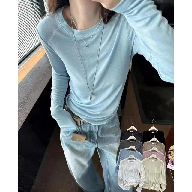 2025闰熙早春新款亲肤莱赛尔羊毛圆领长袖T恤天丝打底衫女8457